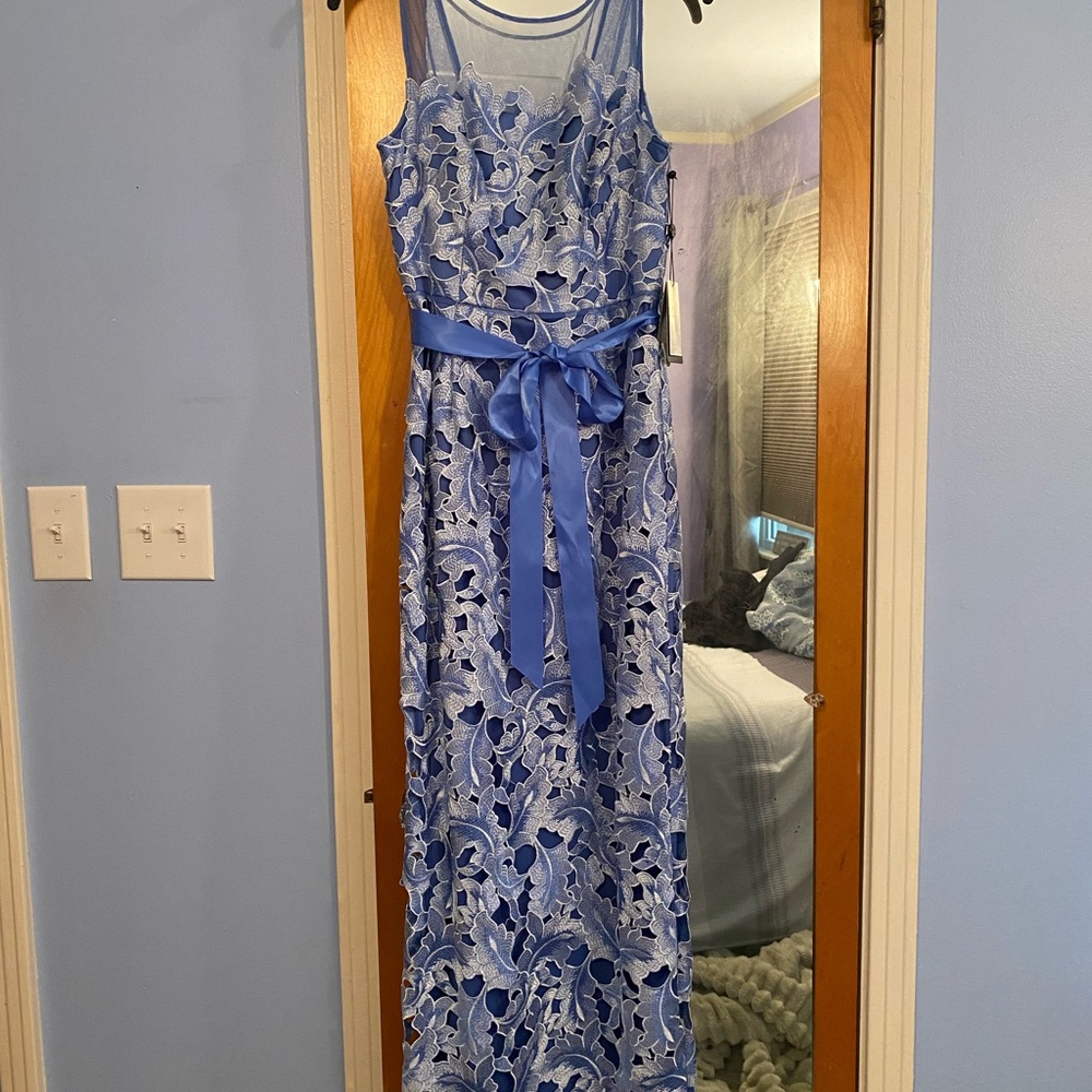 Adrianna Papell Blue Floral Lace Maxi Dress